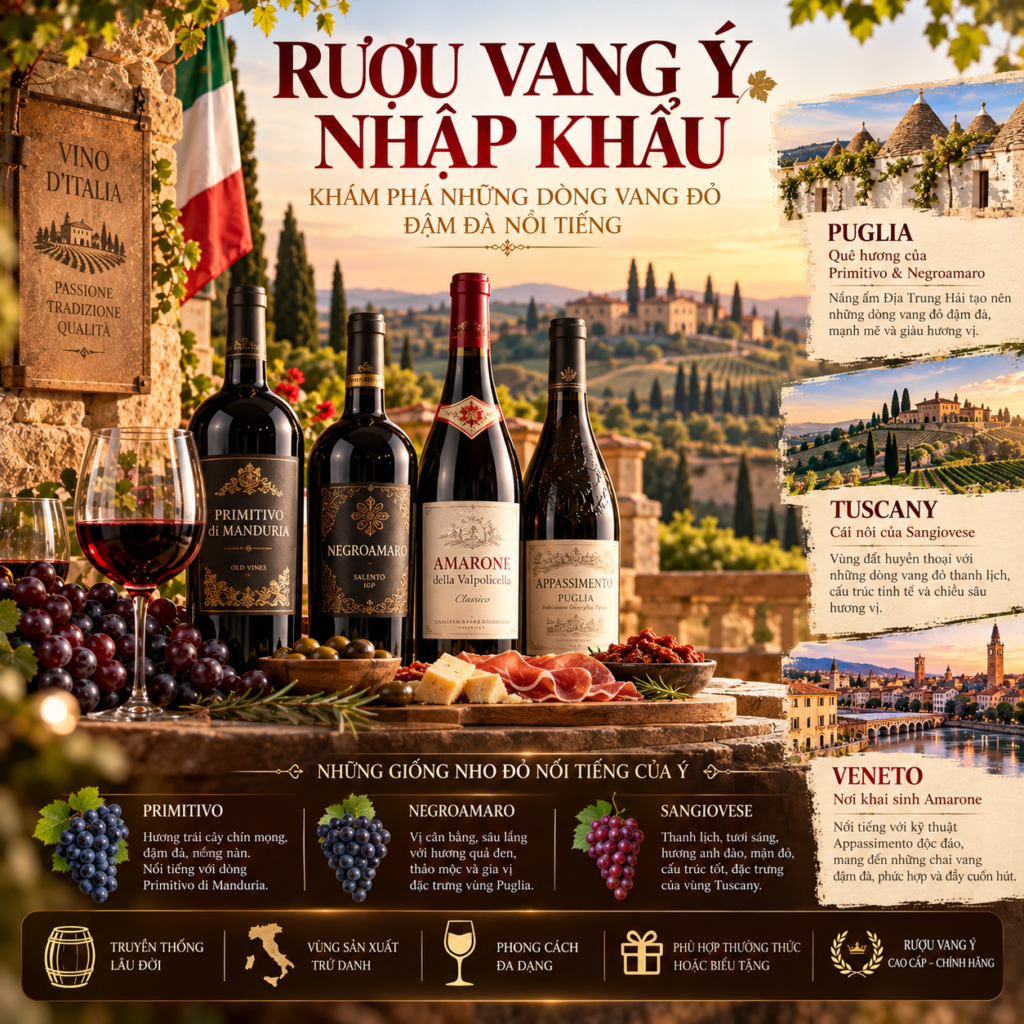 Rượu Vang Ý Nhập Khẩu – Khám Phá Những Dòng Vang Đỏ Đậm Đà Nổi Tiếng