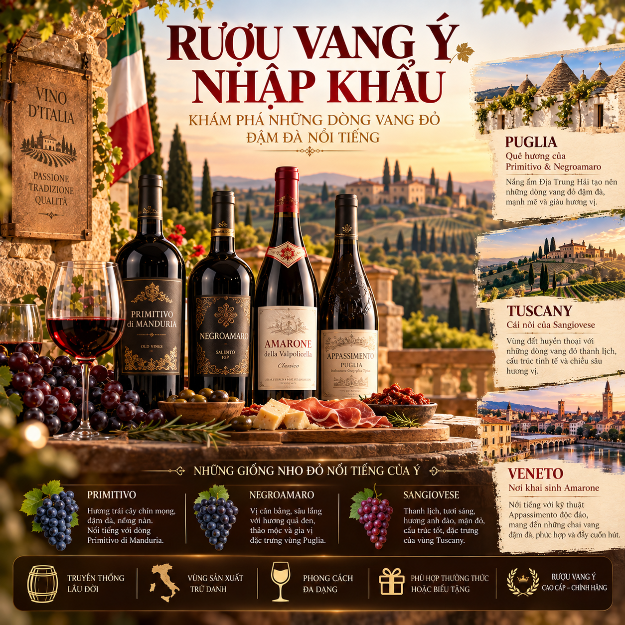 Rượu Vang Ý Nhập Khẩu – Khám Phá Những Dòng Vang Đỏ Đậm Đà Nổi Tiếng